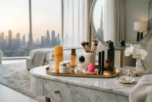 Beauty care products and skincare essentials arranged on a modern vanity