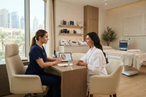 Modern beauty clinic consultation and treatment room in the UAE