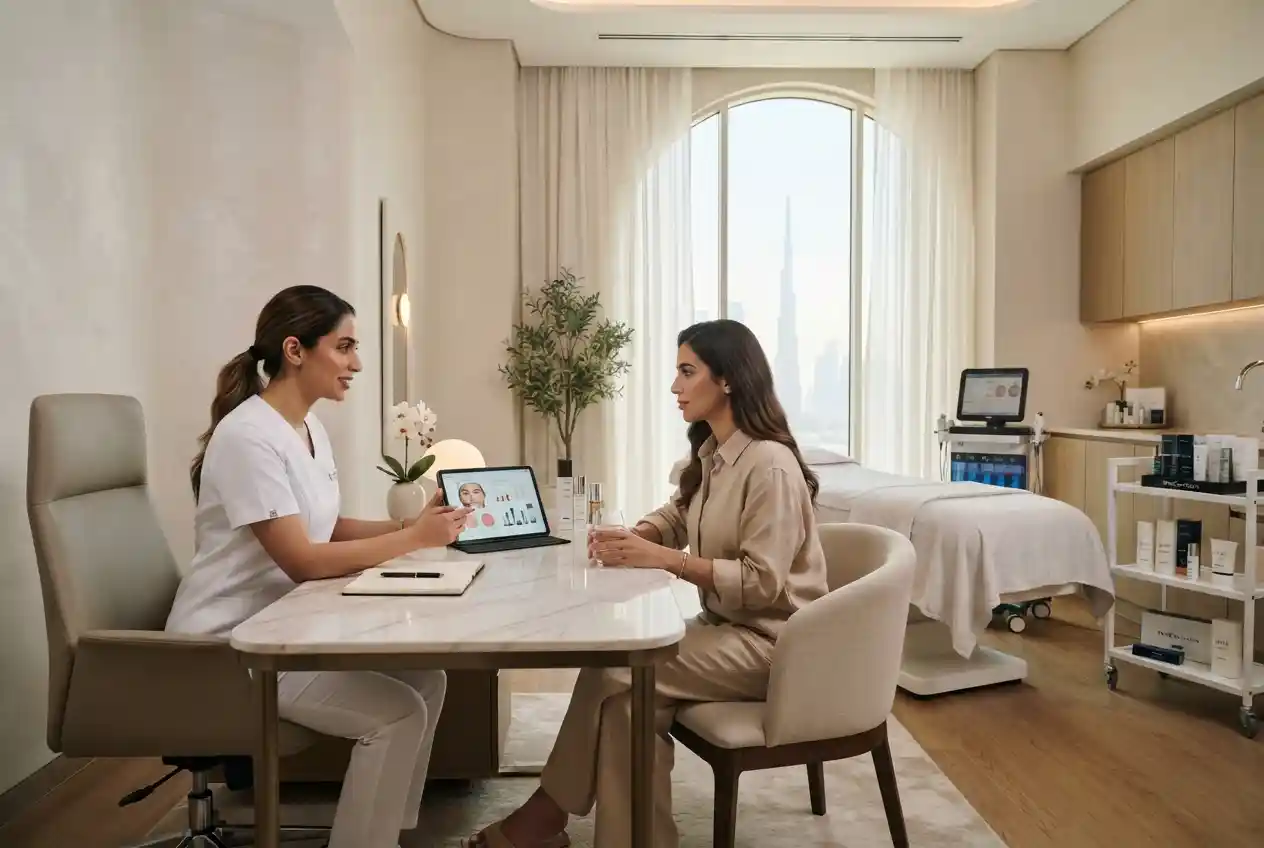 Modern beauty clinic in the UAE with a skincare specialist consulting a client