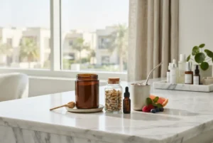 Beauty collagen supplements and wellness products arranged on a marble surface
