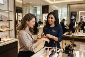 Beauty consultant advising a customer in a luxury cosmetics store in Dubai