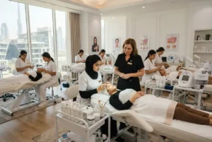 Students learning professional beauty therapy techniques in the UAE