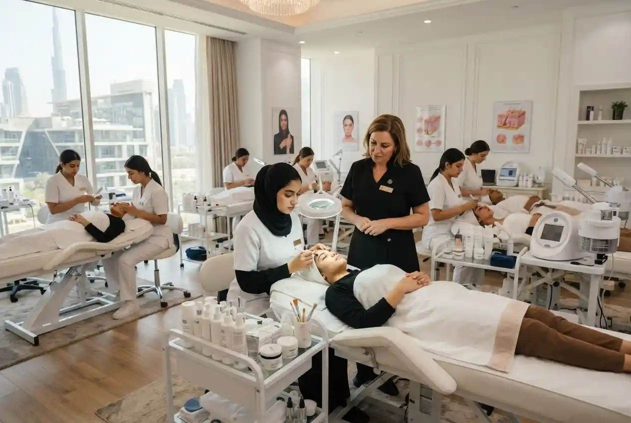 Students learning professional beauty therapy techniques in the UAE
