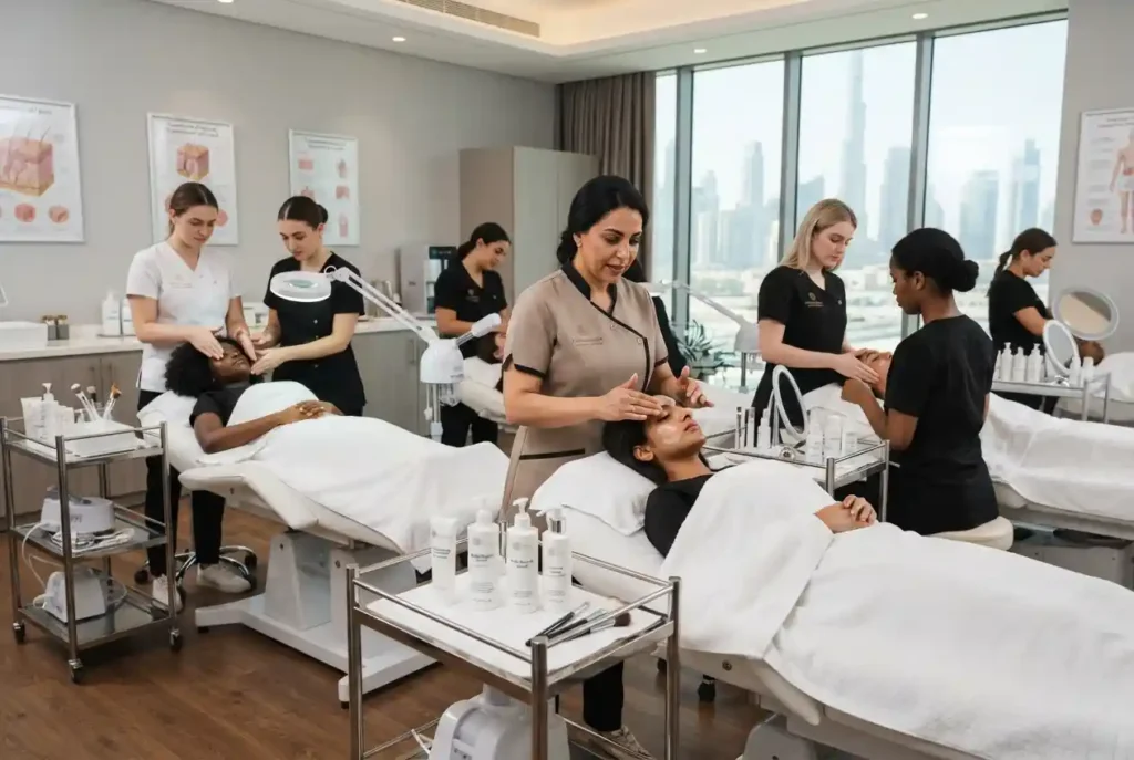 Students learning professional beauty therapy skills in a UAE training center