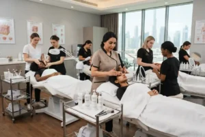 Students learning professional beauty therapy skills in a UAE training center