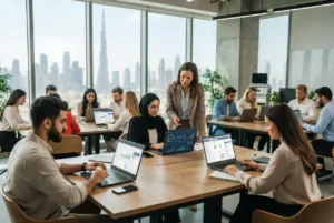 Students learning digital marketing skills in a modern UAE educational environment