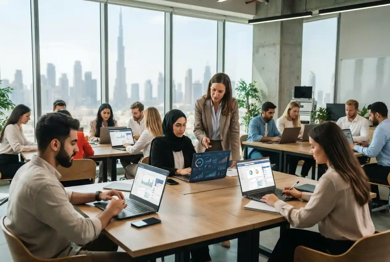 Students learning digital marketing skills in a modern UAE educational environment