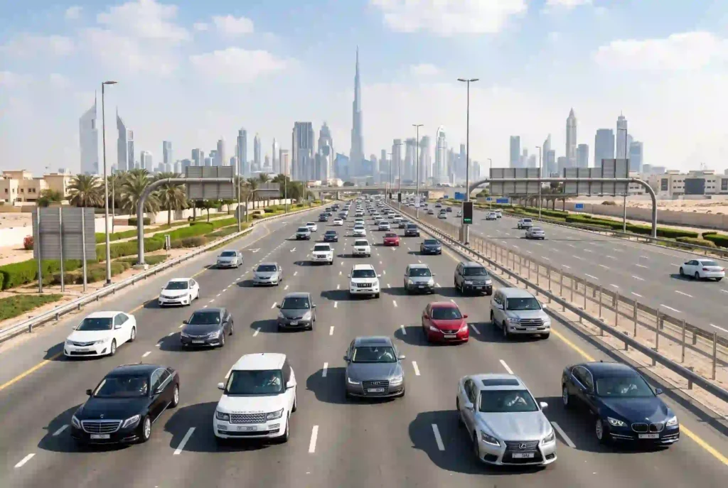 Cars driving on Dubai highway representing car insurance in UAE