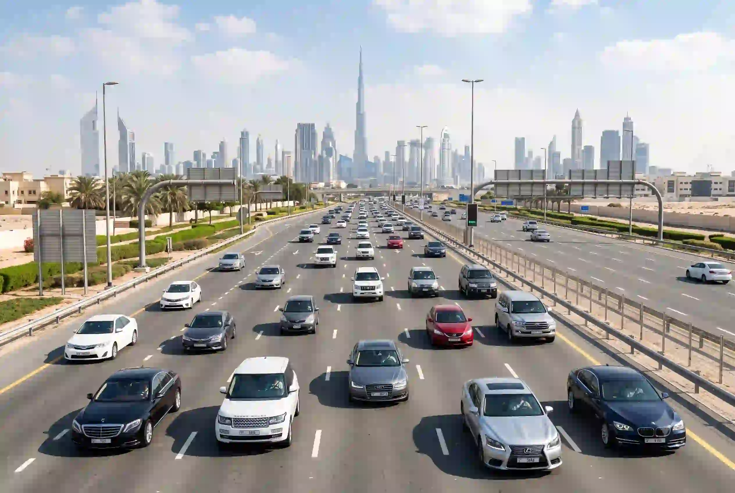 Cars driving on Dubai highway representing car insurance in UAE