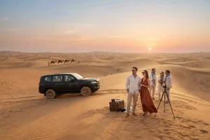 Luxury desert safari experience across golden dunes in Dubai at sunset