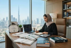 Professional studying internationally recognized finance qualifications in a modern office.