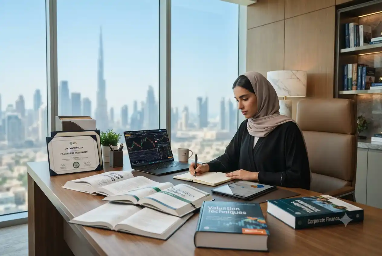 Professional studying internationally recognized finance qualifications in a modern office.