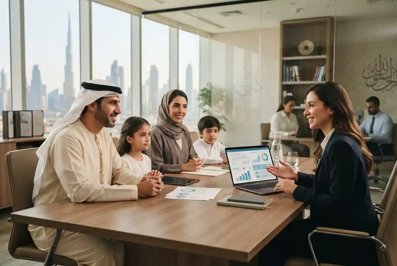 Family discussing healthcare insurance plans with an advisor in Dubai
