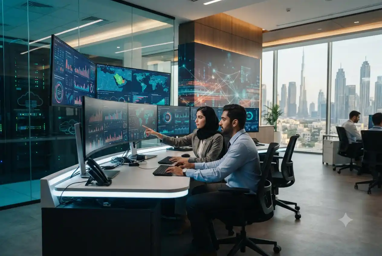 Business professionals analyzing big data technology solutions on digital dashboards