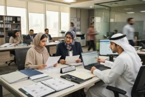 Students and administrators reviewing board of intermediate education examination records