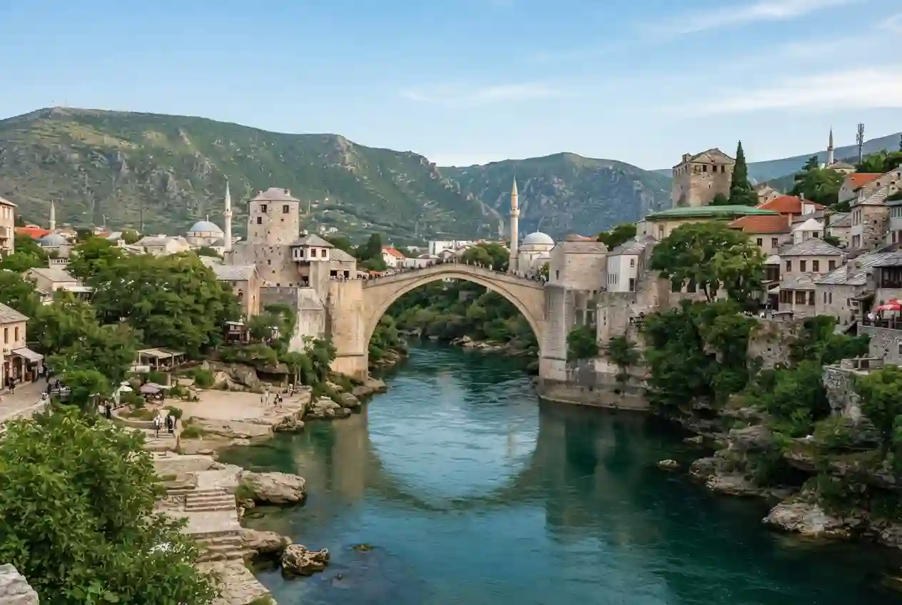 Historic Mostar Old Bridge and mountain landscape in Bosnia