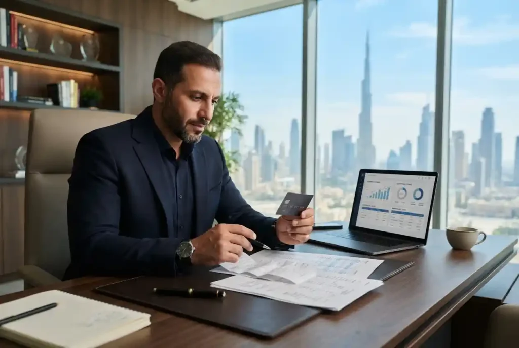 Business owner reviewing a business credit card in the UAE