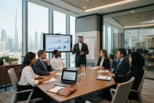 Business professional presenting to an international team in a UAE office