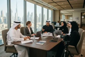 UAE business professionals discussing corporate ethics in a modern office