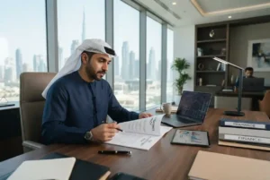 Business owner reviewing liability insurance coverage in the UAE