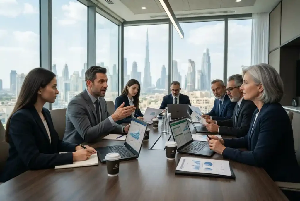 Business restructuring consultants meeting with UAE company executives