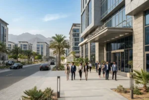 Business setup in Fujairah with modern commercial buildings and UAE infrastructure