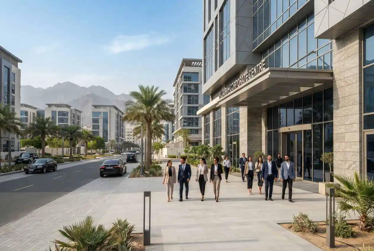 Business setup in Fujairah with modern commercial buildings and UAE infrastructure