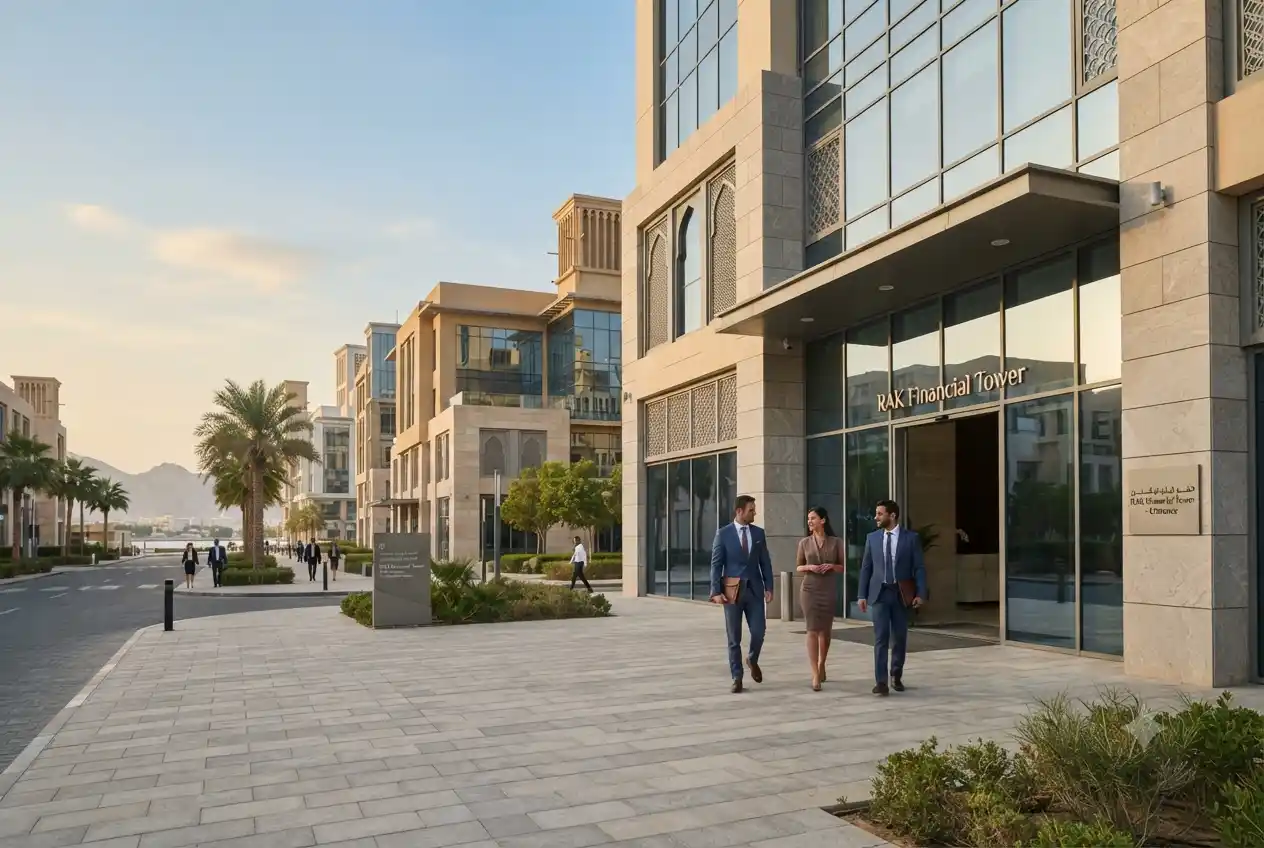 Business setup in Ras Al Khaimah with modern commercial buildings