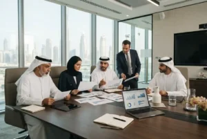 UAE business leaders reviewing a strategic business plan in a modern boardroom