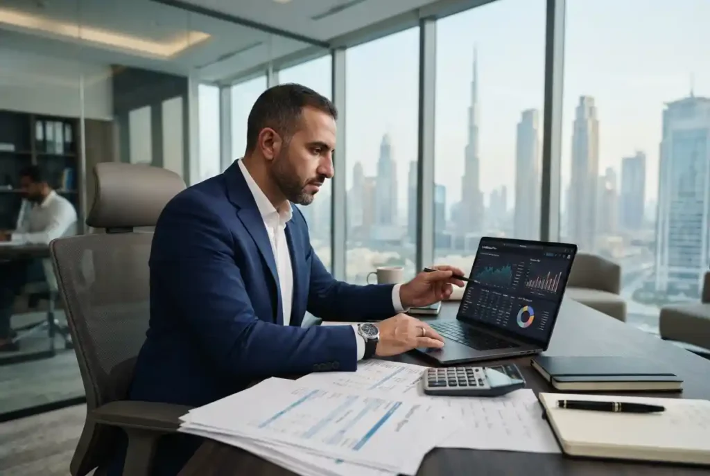 Business valuator reviewing company valuation information in Dubai