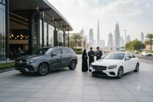 Modern cars displayed at an automotive showroom in Dubai