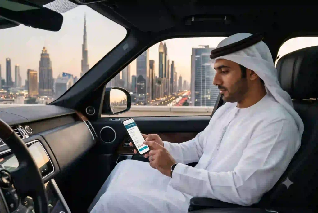 Person buying car insurance online in UAE with Dubai skyline background