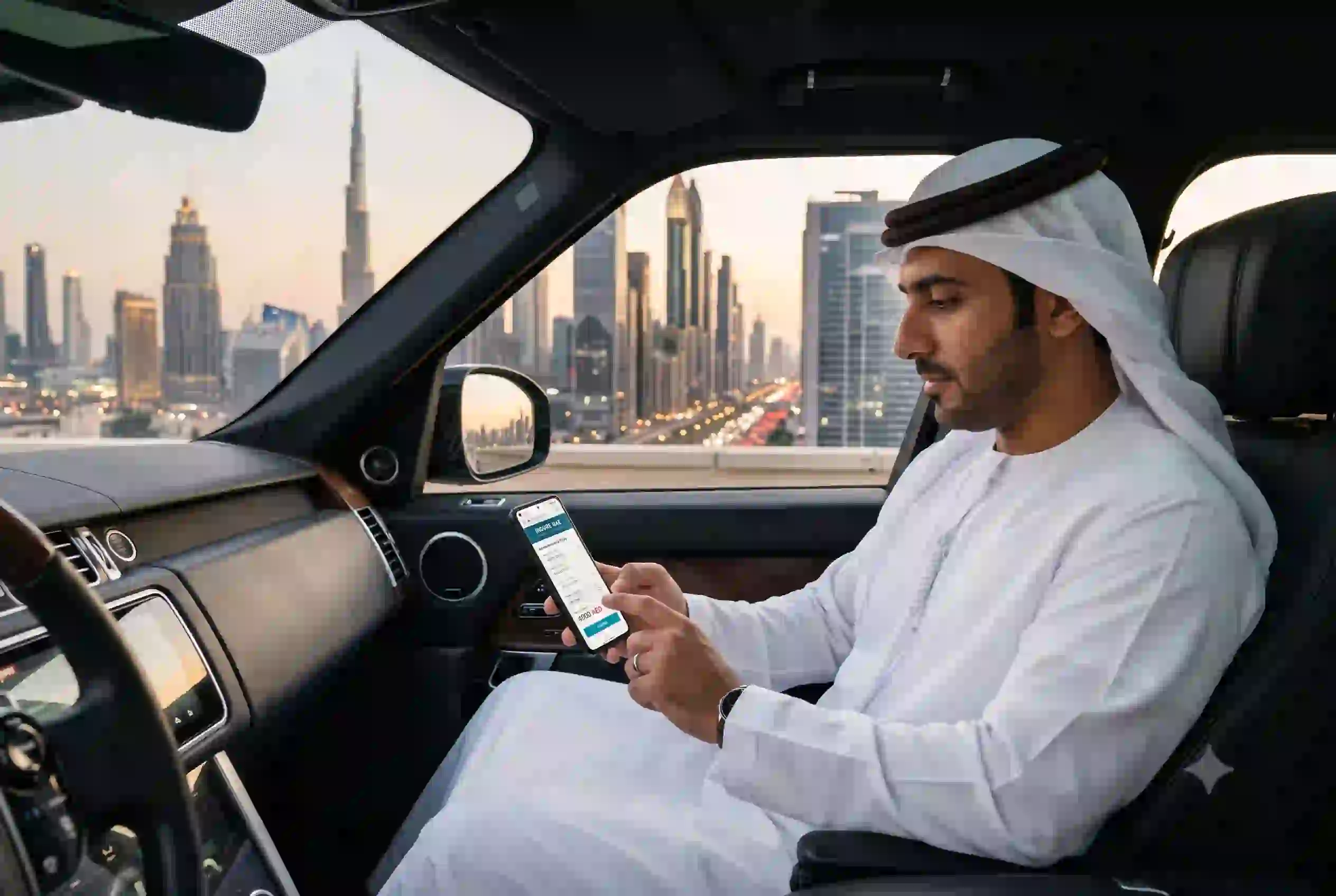 Person buying car insurance online in UAE with Dubai skyline background