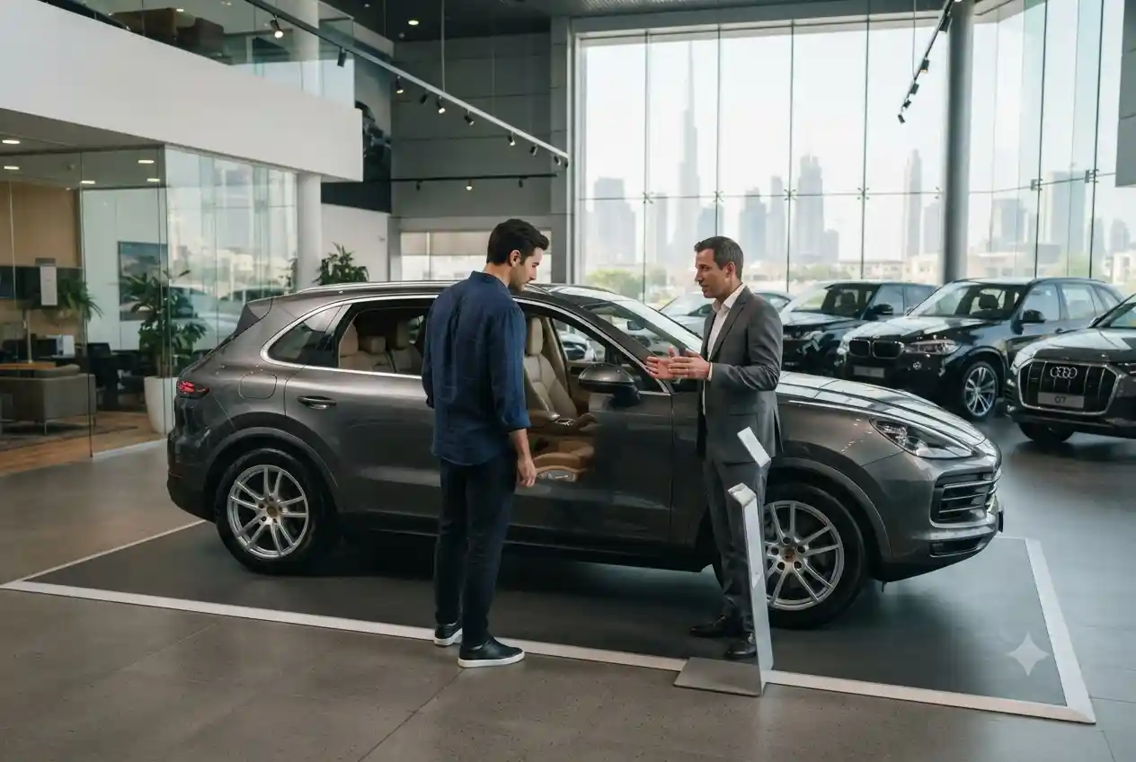 Buyer inspecting a used car at a Dubai automotive showroom