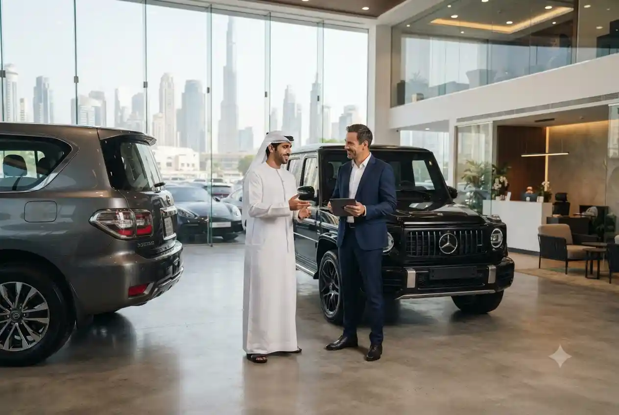 Car owner discussing a vehicle trade-in at a UAE automotive showroom