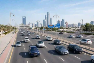 Cars driving on Abu Dhabi road representing car insurance coverage