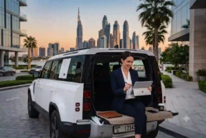 Person checking car insurance cost in UAE on tablet near parked car