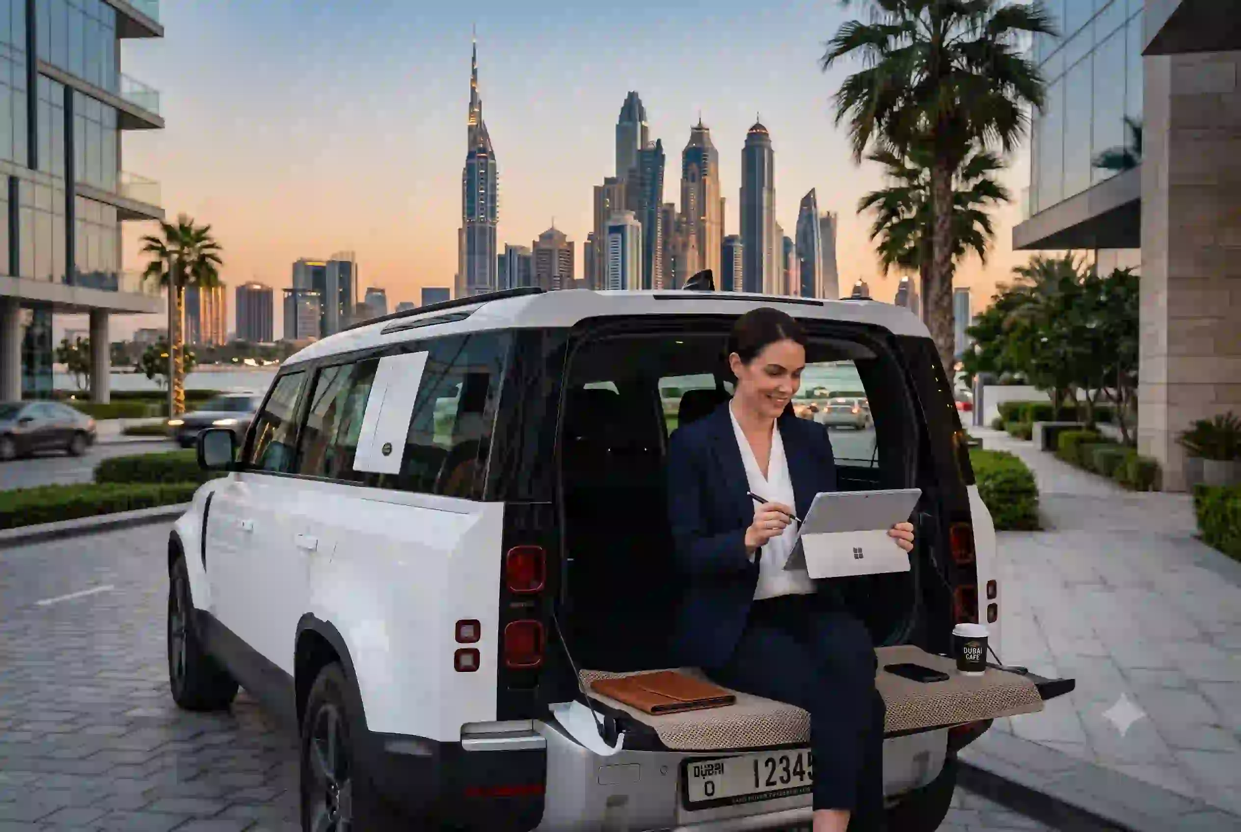 Person checking car insurance cost in UAE on tablet near parked car