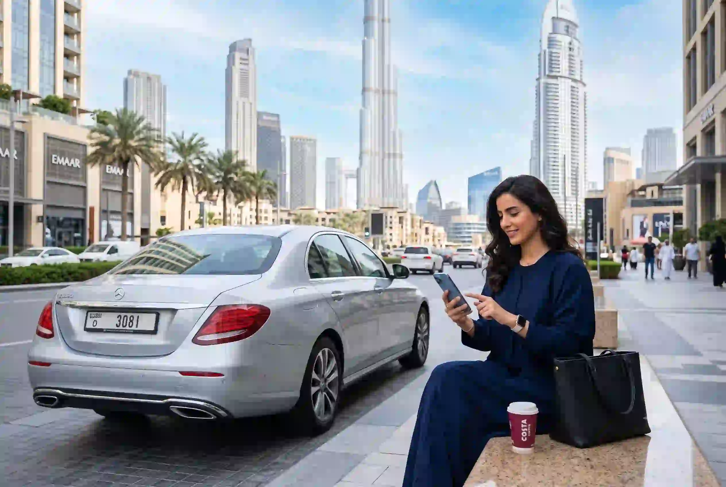 Person renewing car insurance online in UAE with modern car in background