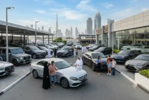 Cars displayed at a modern automotive marketplace in Dubai
