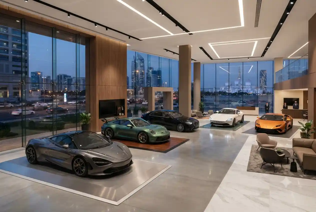 Modern car showroom in Abu Dhabi with vehicles on display