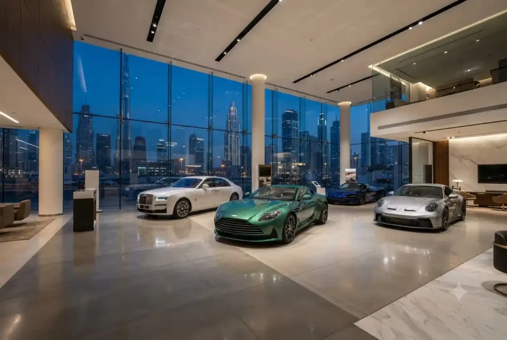 Modern car showroom in Dubai with vehicles on display