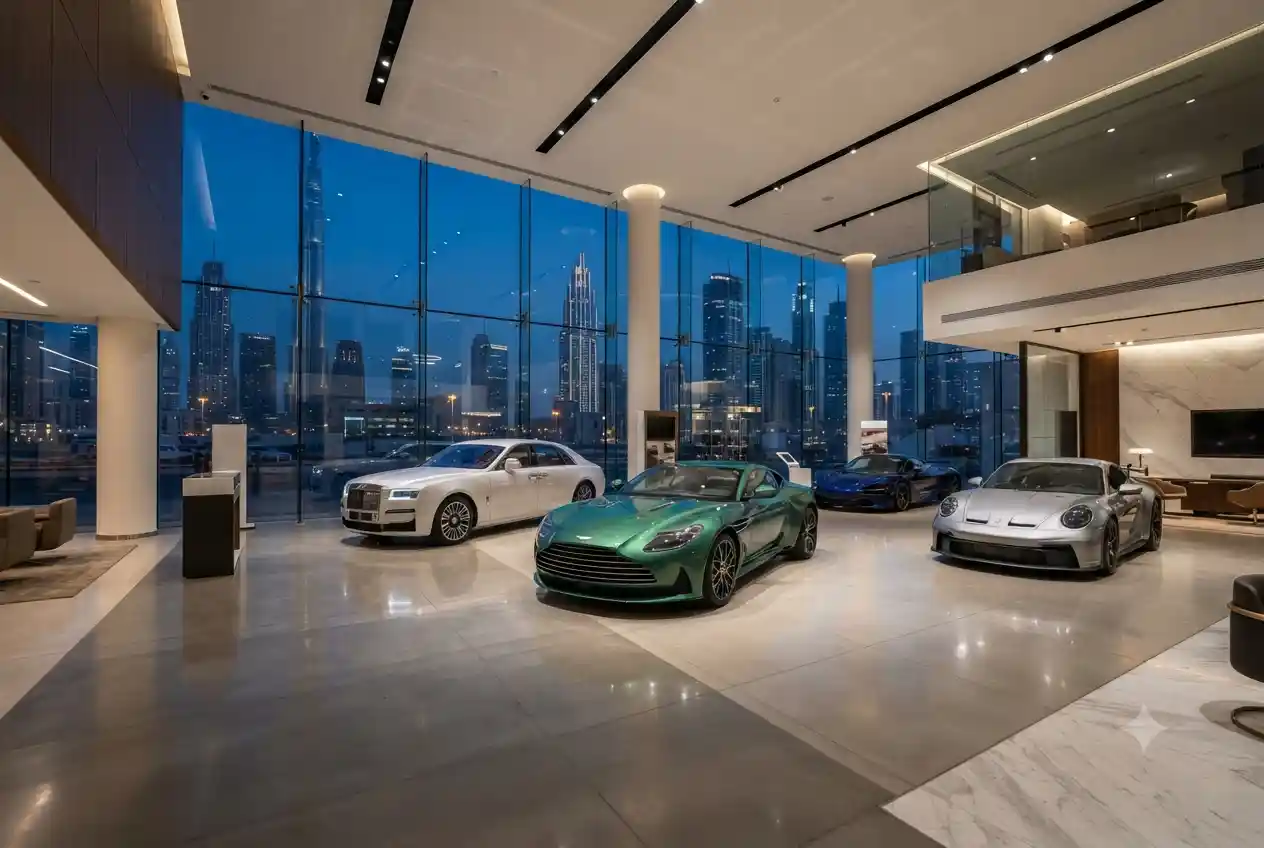 Modern car showroom in Dubai with vehicles on display