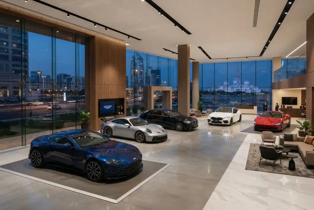 Modern car showroom in Sharjah with vehicles on display