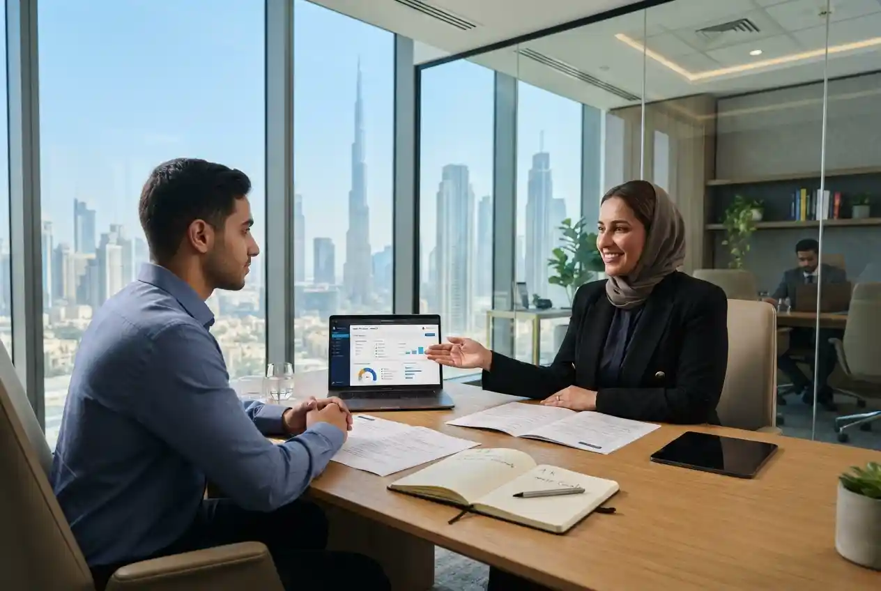 Career advisor helping a professional with career development in the UAE
