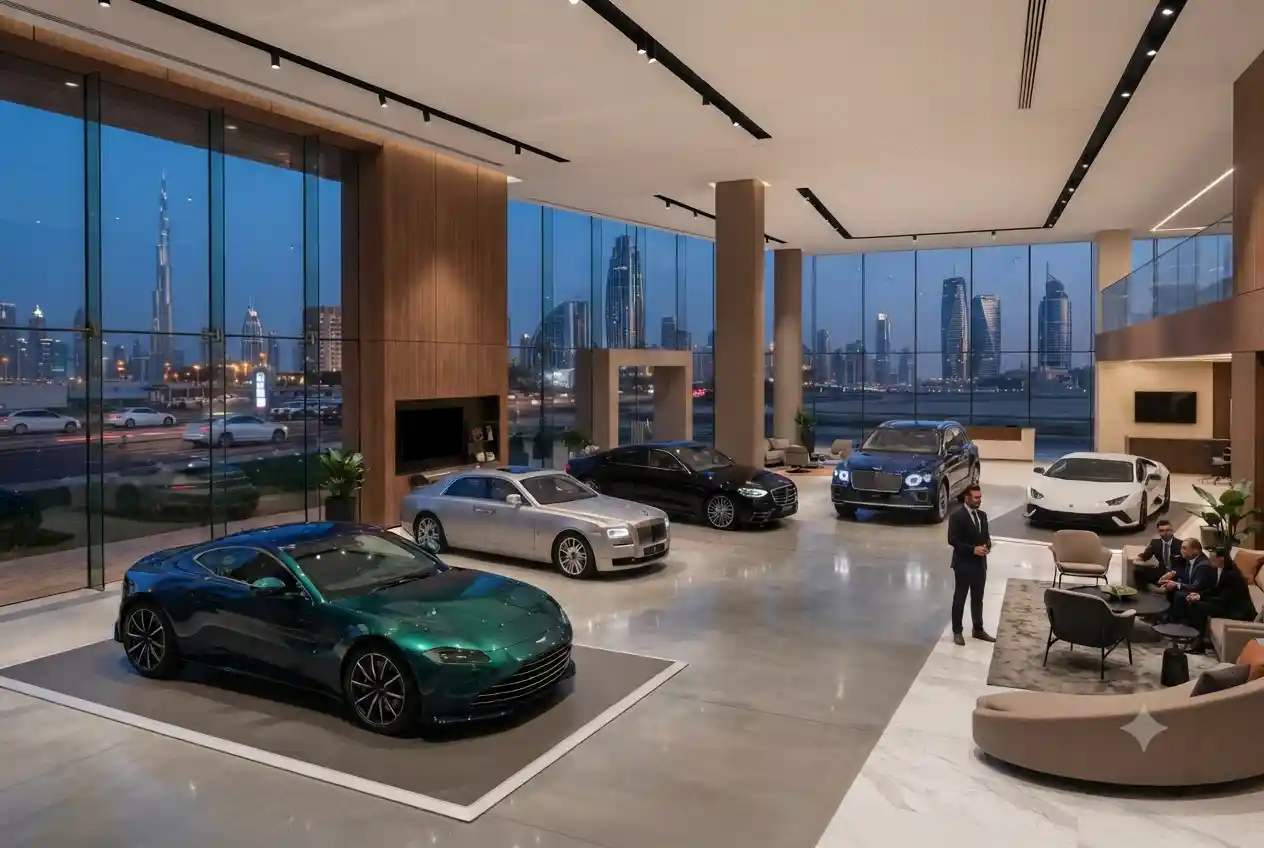 Cars for sale displayed at a modern Dubai automotive showroom