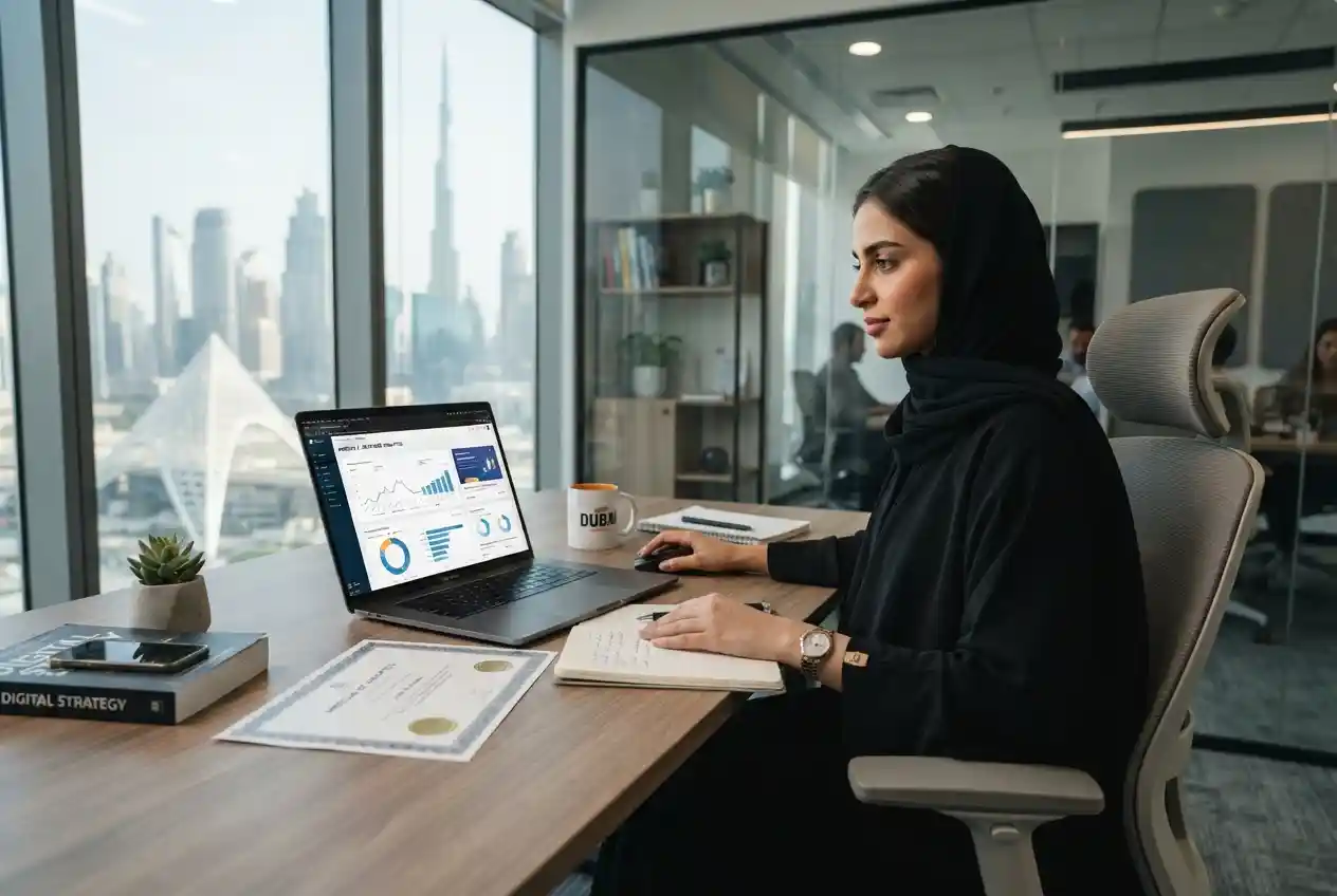 Digital marketing professional studying for a certification in a modern UAE office
