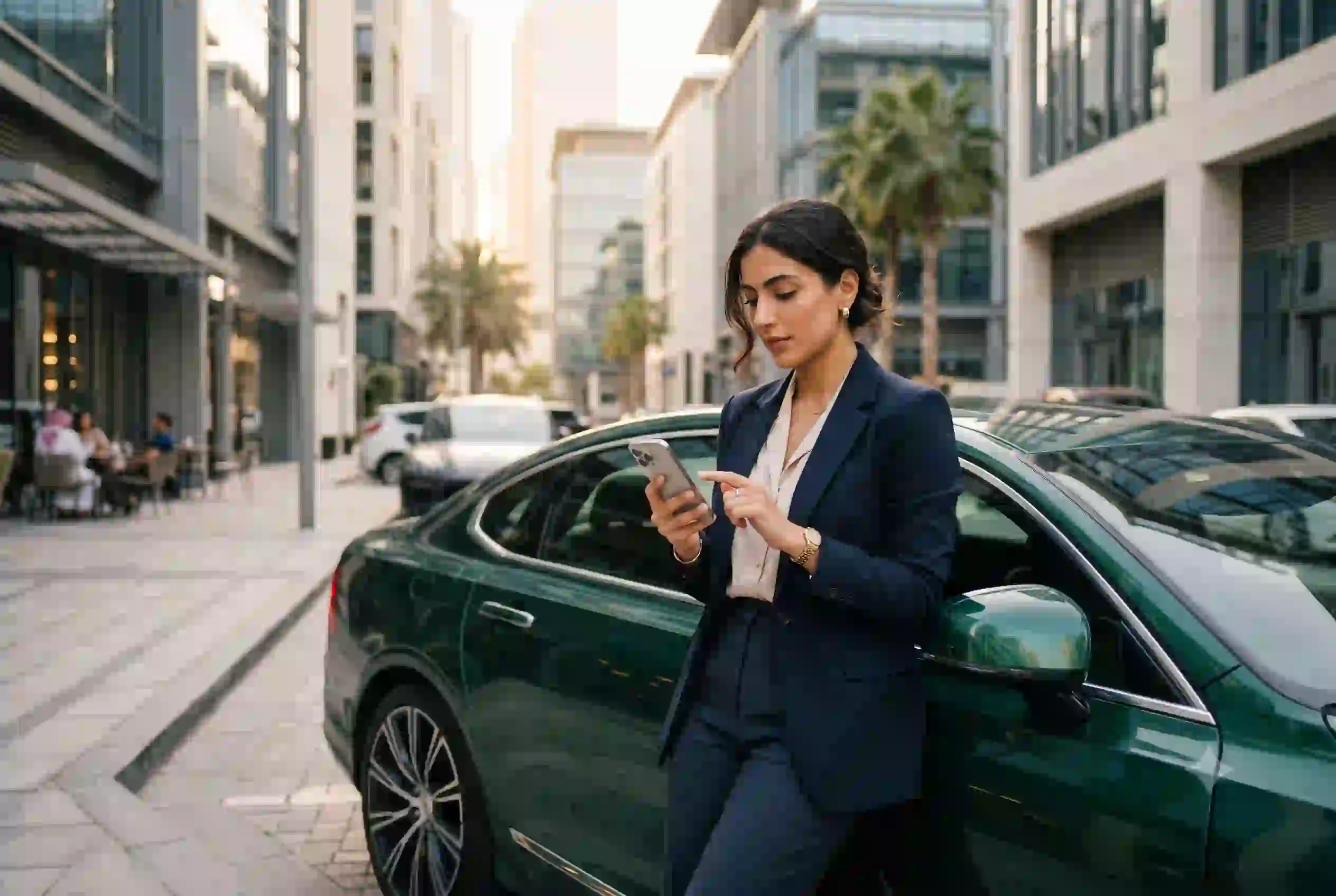 person comparing cheap car insurance UAE on mobile with car in background