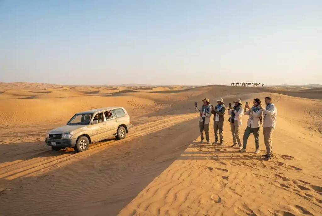 Affordable desert safari experience in Dubai with 4x4 vehicle on golden dunes