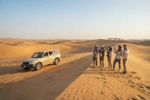 Affordable desert safari experience in Dubai with 4x4 vehicle on golden dunes